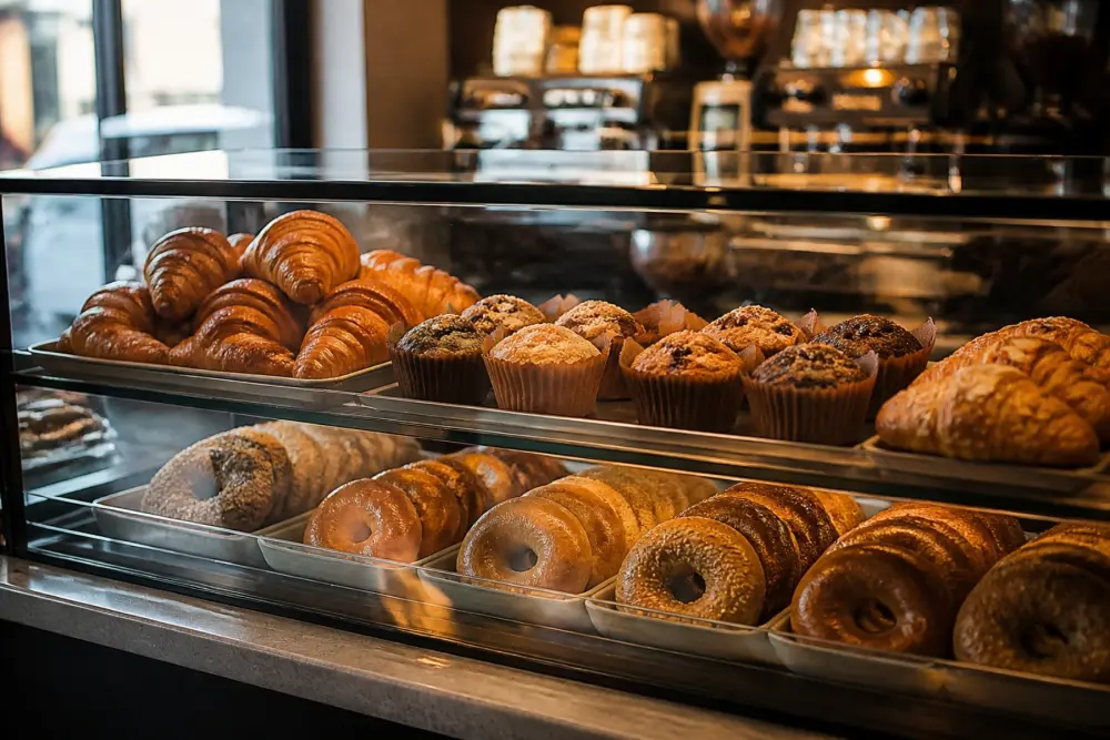 Croissants, muffins and bagels in a coffee shop pastry case