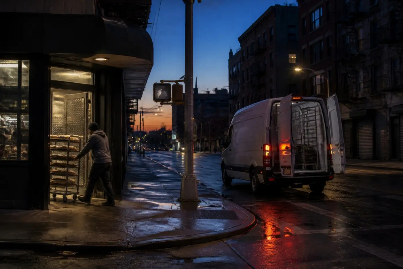 A driver wheels a rack of bread into a corner store before sunrise
