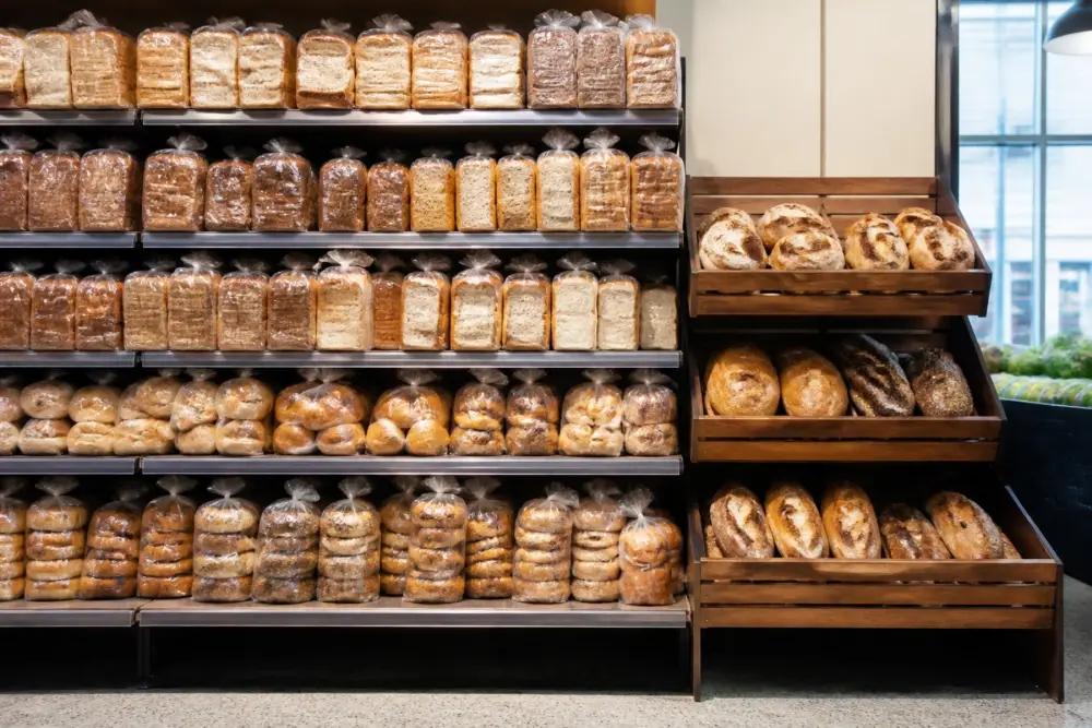Bagged sliced bread and loaves on grocery store shelves