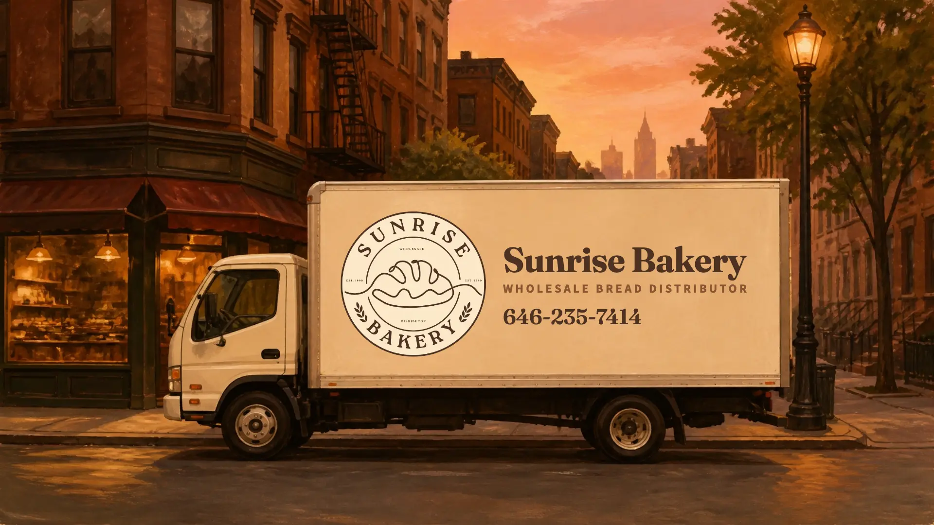 Illustration of a Sunrise Bakery delivery truck parked on a Brooklyn street at sunrise